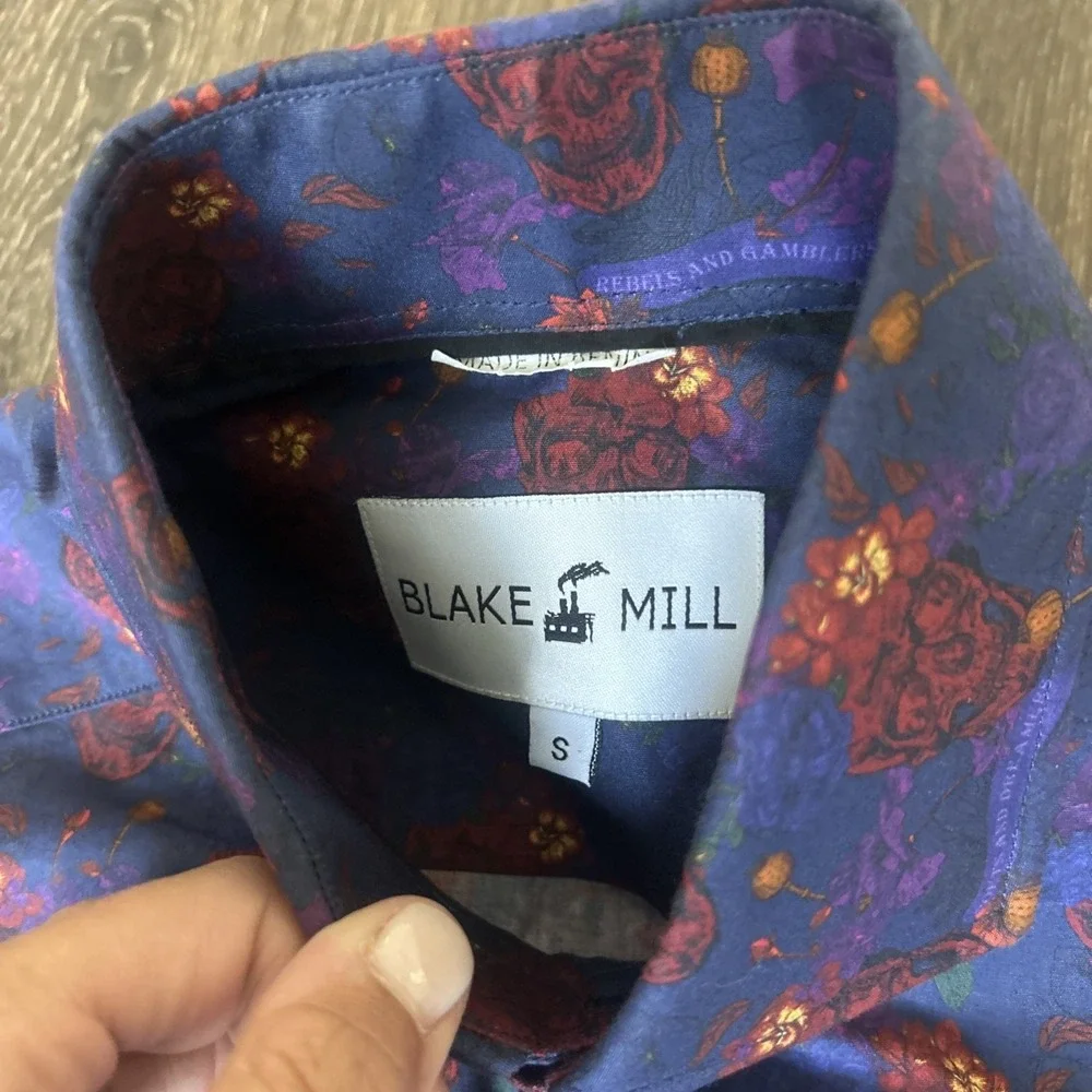 Blake Mill Men's Small Floral SKULLS Cotton Button Down Shirt Rebels And Gambler - Picture 4 of 7